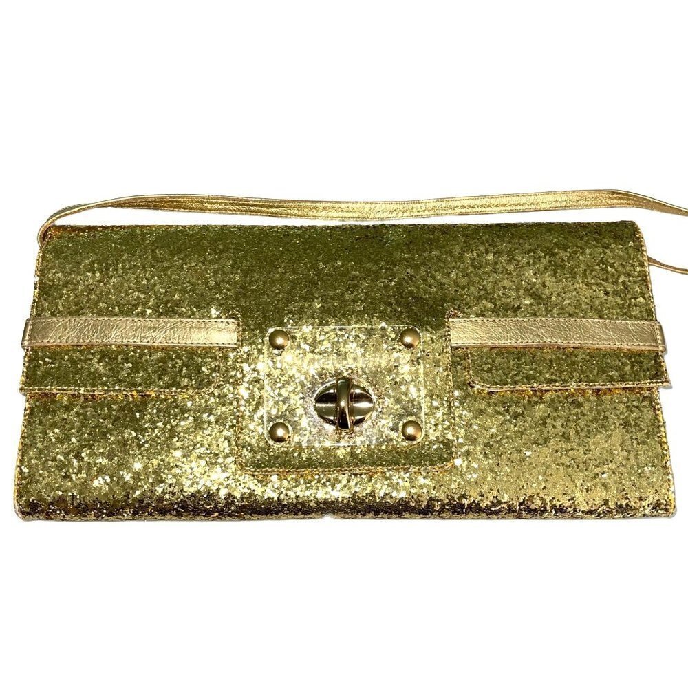Carmen Steffens Womens Clutch Bag Gold Glitter Convertible Front Lock Zip Pocket